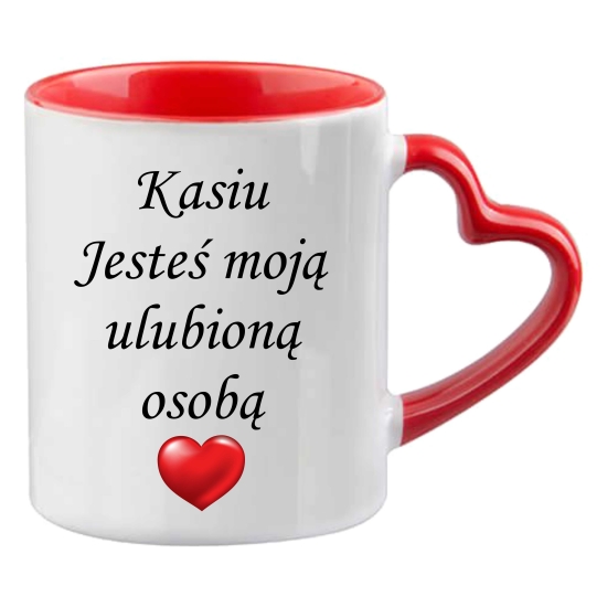 Foto kubek CZERWONE wnętrze UCHO SERCE ze zdjęciem personalizowany Napis Logo Grafika